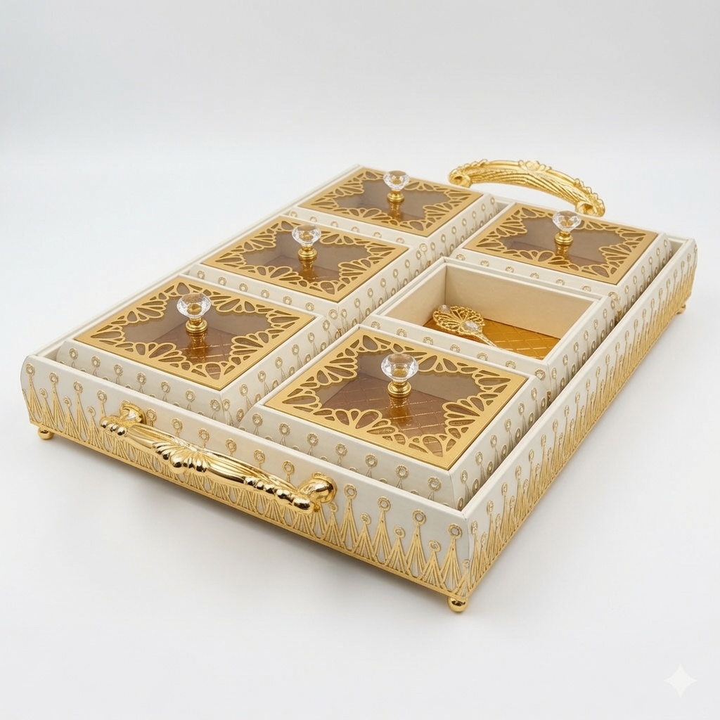 Ivory & Gold 6-Compartment Filigree Storage Box with Crystal Knobs - Image 2