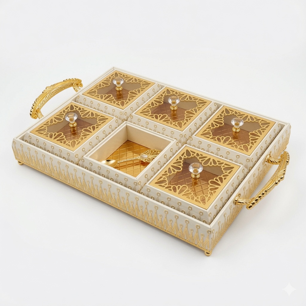 Ivory & Gold 6-Compartment Filigree Storage Box with Crystal Knobs - Image 3