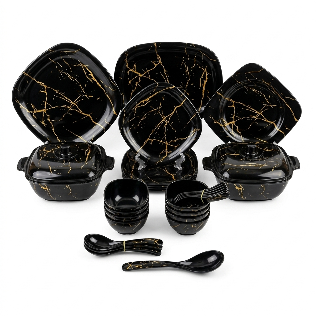 Black & Gold Crackle Print Square Dinnerware Set