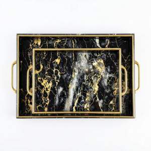 Black & Gold Marble Effect Tray Set with Gold Handles