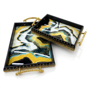 Black Gold Resin Art Serving Tray Set