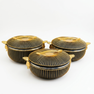 Black & Gold Striped Lidded Bowl Set with Crystal Knobs
