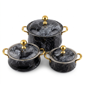 Black Marble-Effect Lidded Casserole Set with Gold Knobs