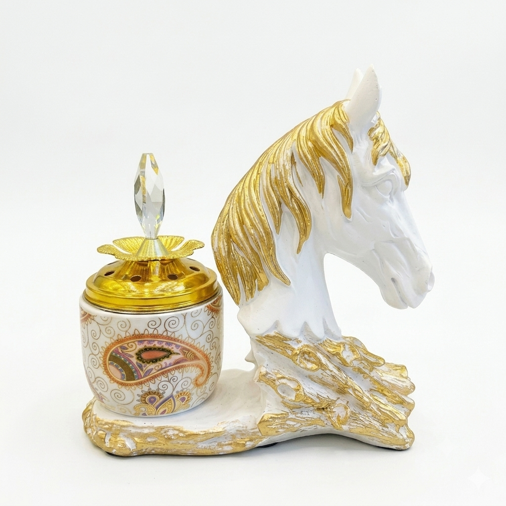 White & Gold Horse Head Decorative Trinket Box with Crystal Finial - Image 3