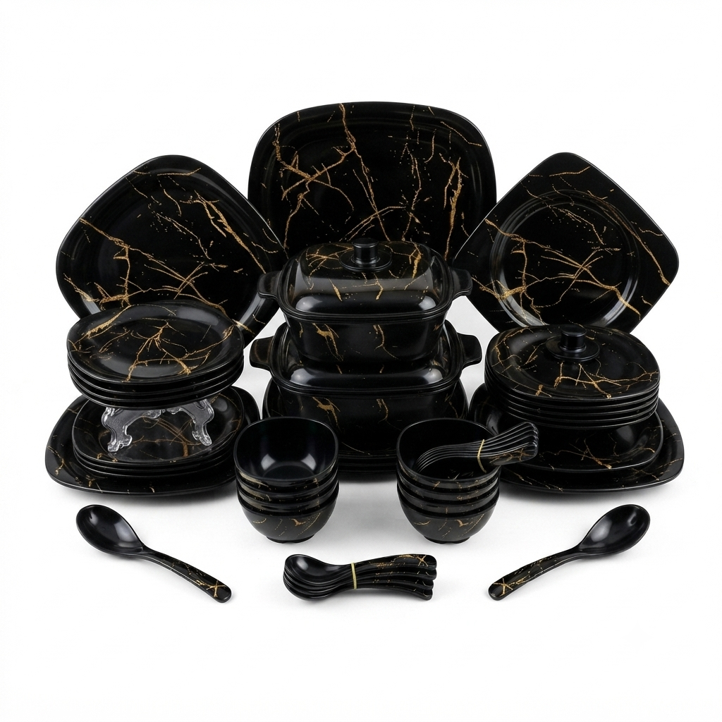 Black & Gold Crackle Print Square Dinnerware Set - Image 3