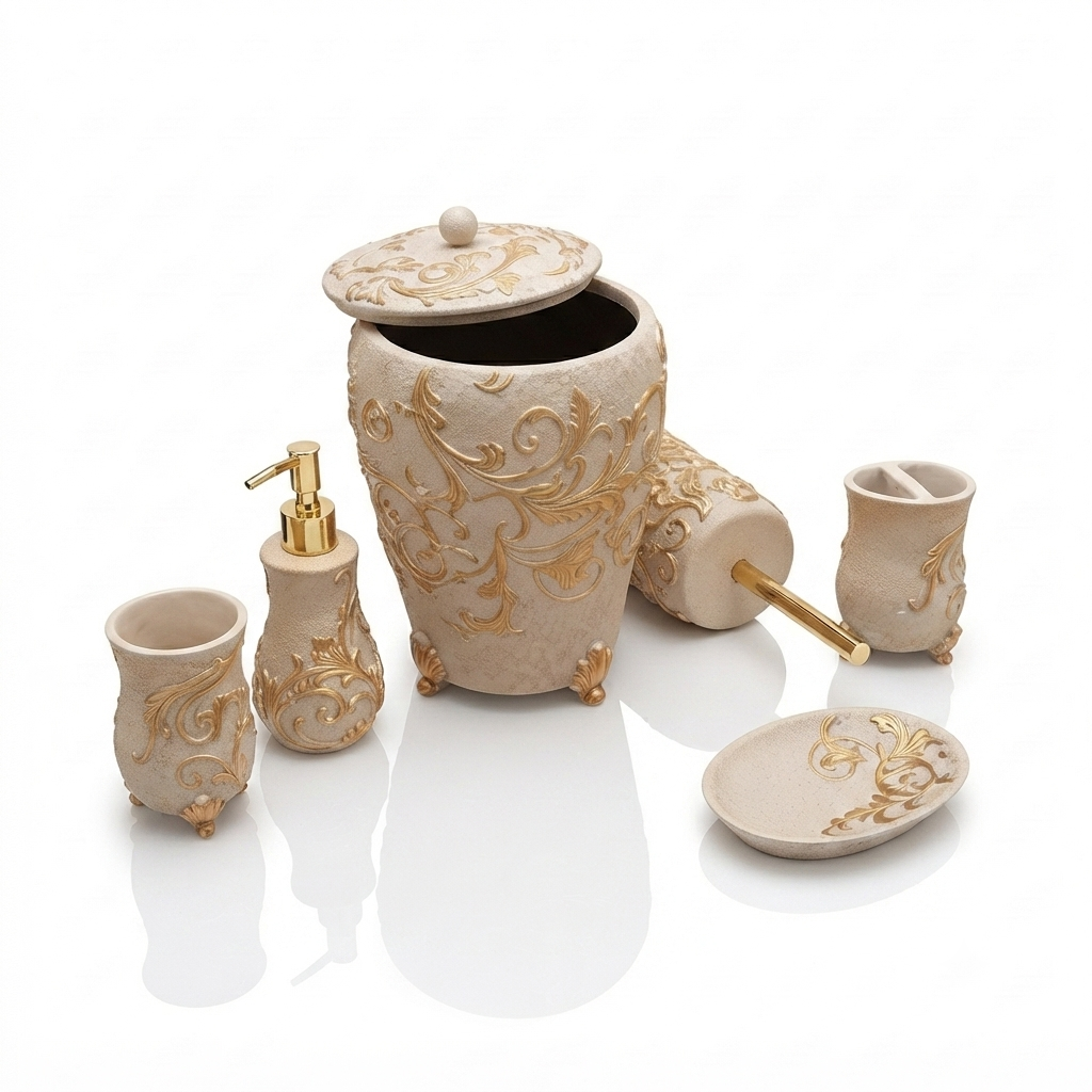 Ivory & Gold Embossed Bathroom Accessory Set - Image 3