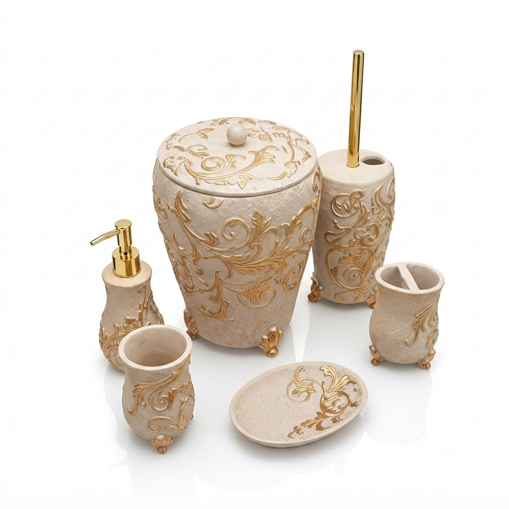 Ivory & Gold Embossed Bathroom Accessory Set - Image 2