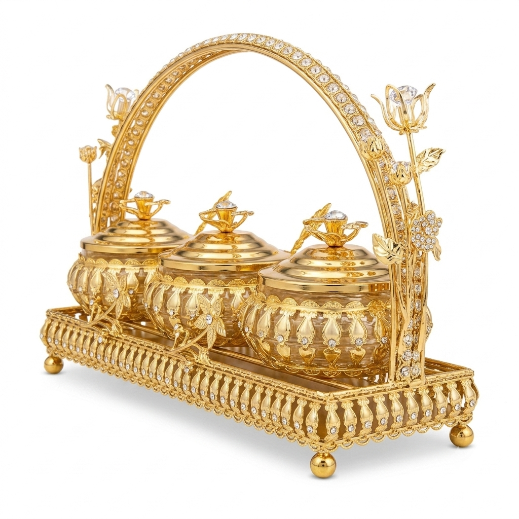 Ornate gold serving set with crystals - Image 3