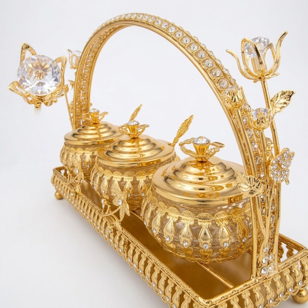 Ornate gold serving set with crystals - Image 2