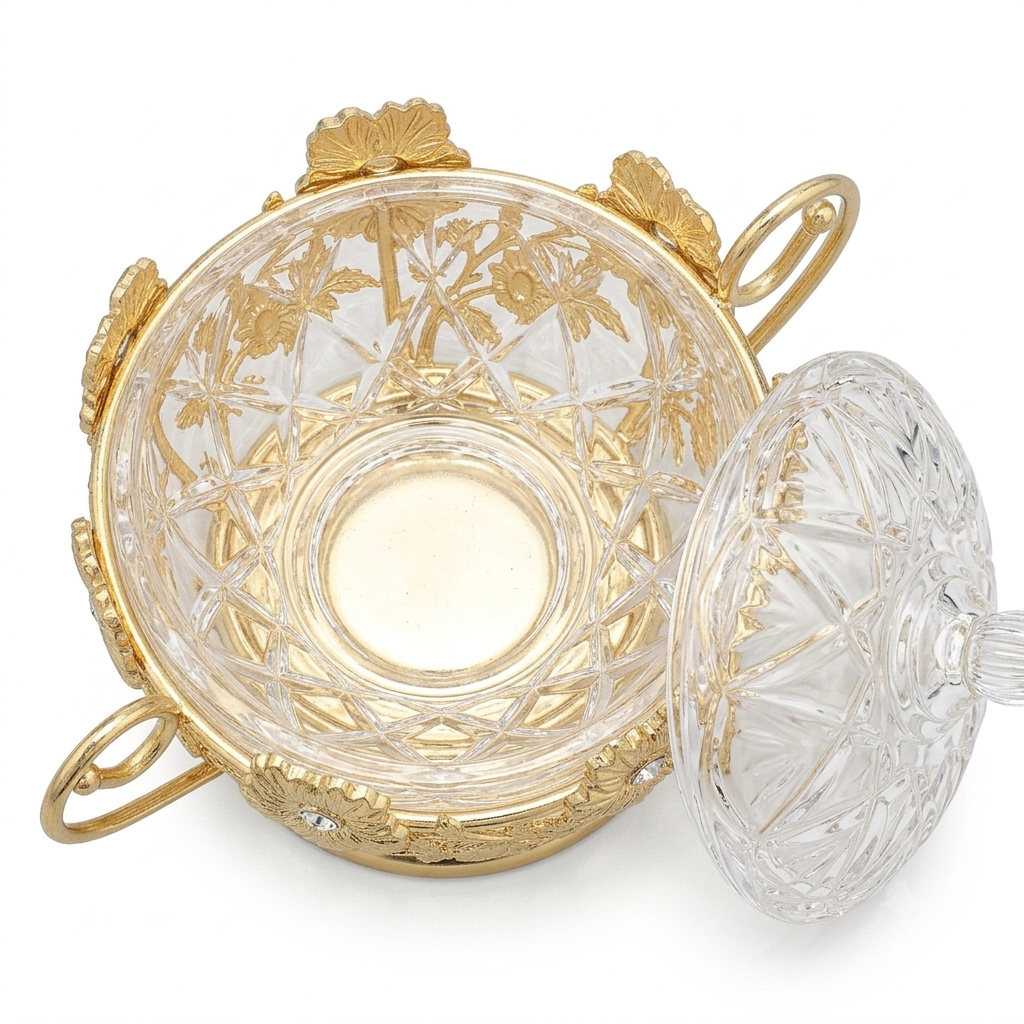 Crystal & Gold Floral Sugar Bowl with Lid - Image 2