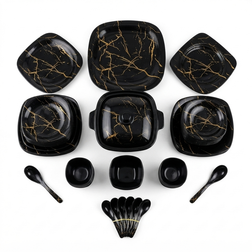 Black & Gold Crackle Print Square Dinnerware Set - Image 2