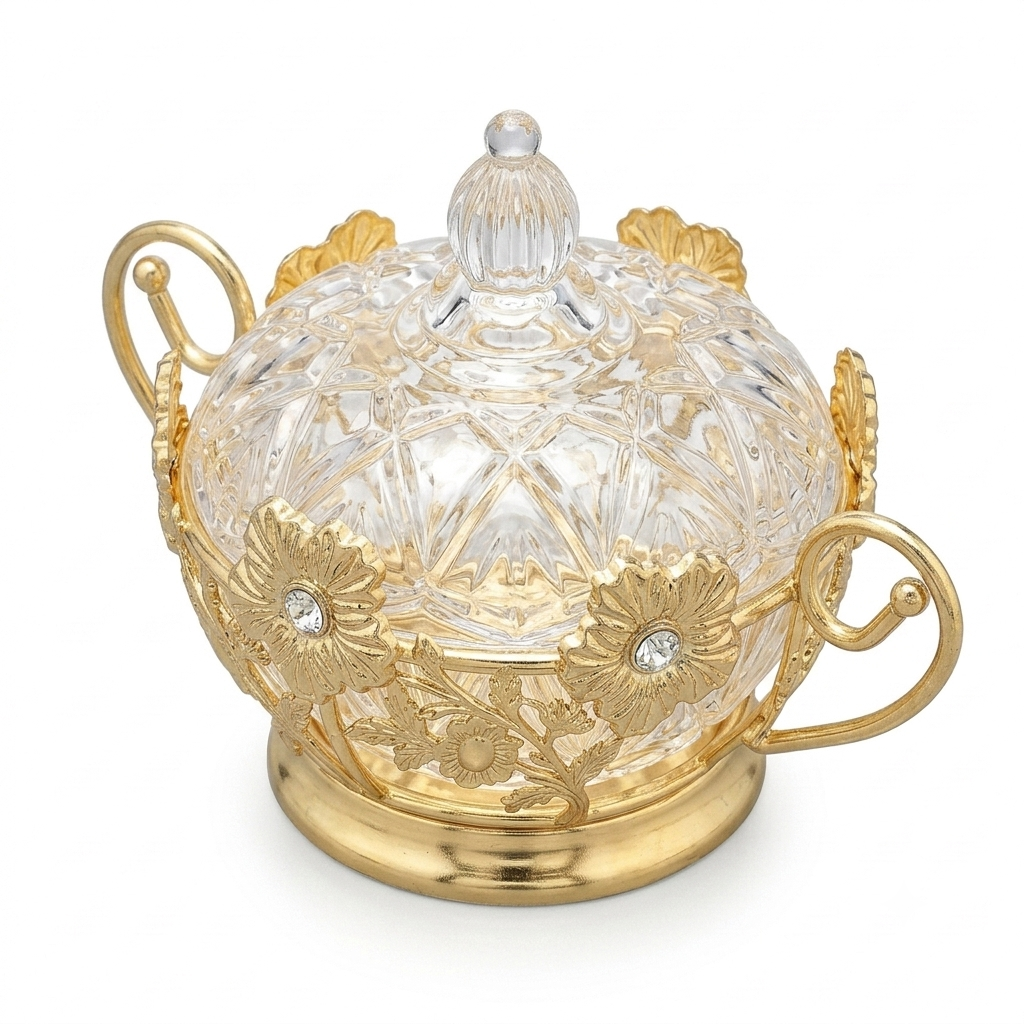 Crystal & Gold Floral Sugar Bowl with Lid - Image 3