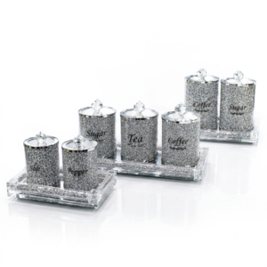 Glittery canisters and trays with floral accents