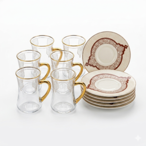 Gold Accent Glass Tea Set with Floral Plates