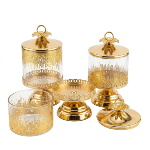 Gold Etched Glass Pedestal Jar & Tray Set with Crystal Finials