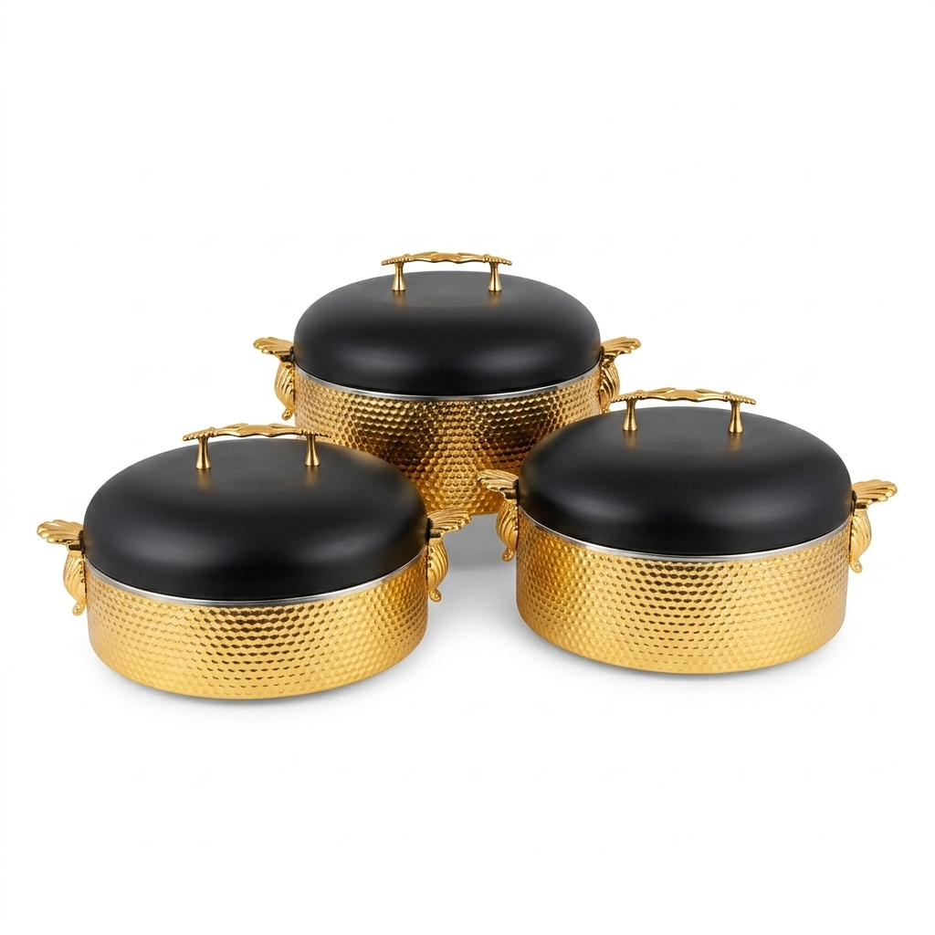Gold Hammered Casserole Set with Black Domed Lids