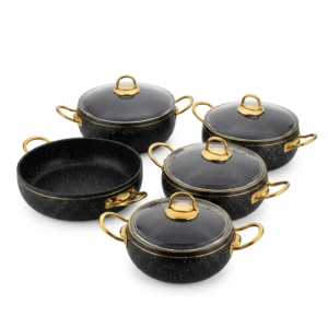 Granite-Finish Cookware Set with Gold Handles