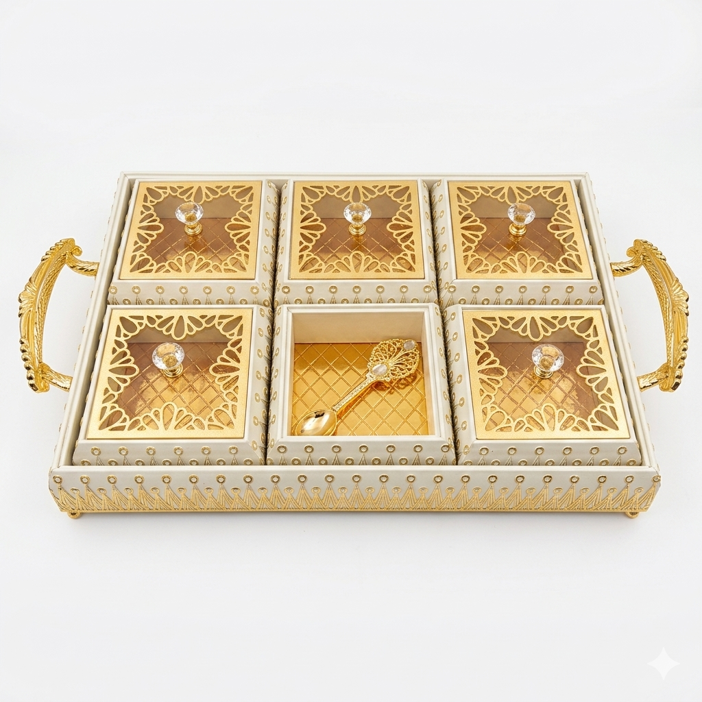 Ivory & Gold 6-Compartment Filigree Storage Box with Crystal Knobs