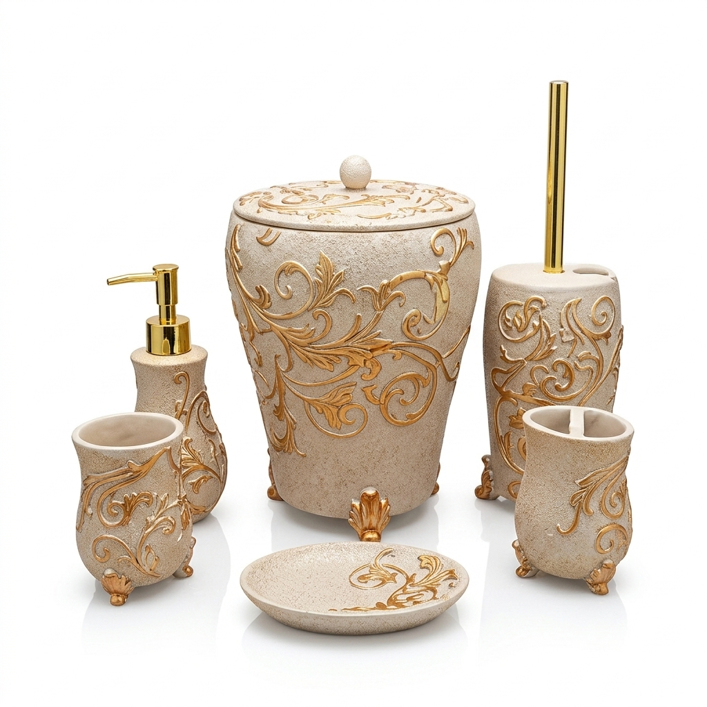 Ivory & Gold Embossed Bathroom Accessory Set