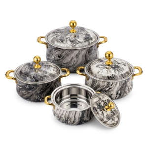 Marble-Effect Lidded Casserole Set with Gold Knobs