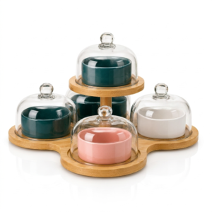 Minimalist condiment set with glass domes