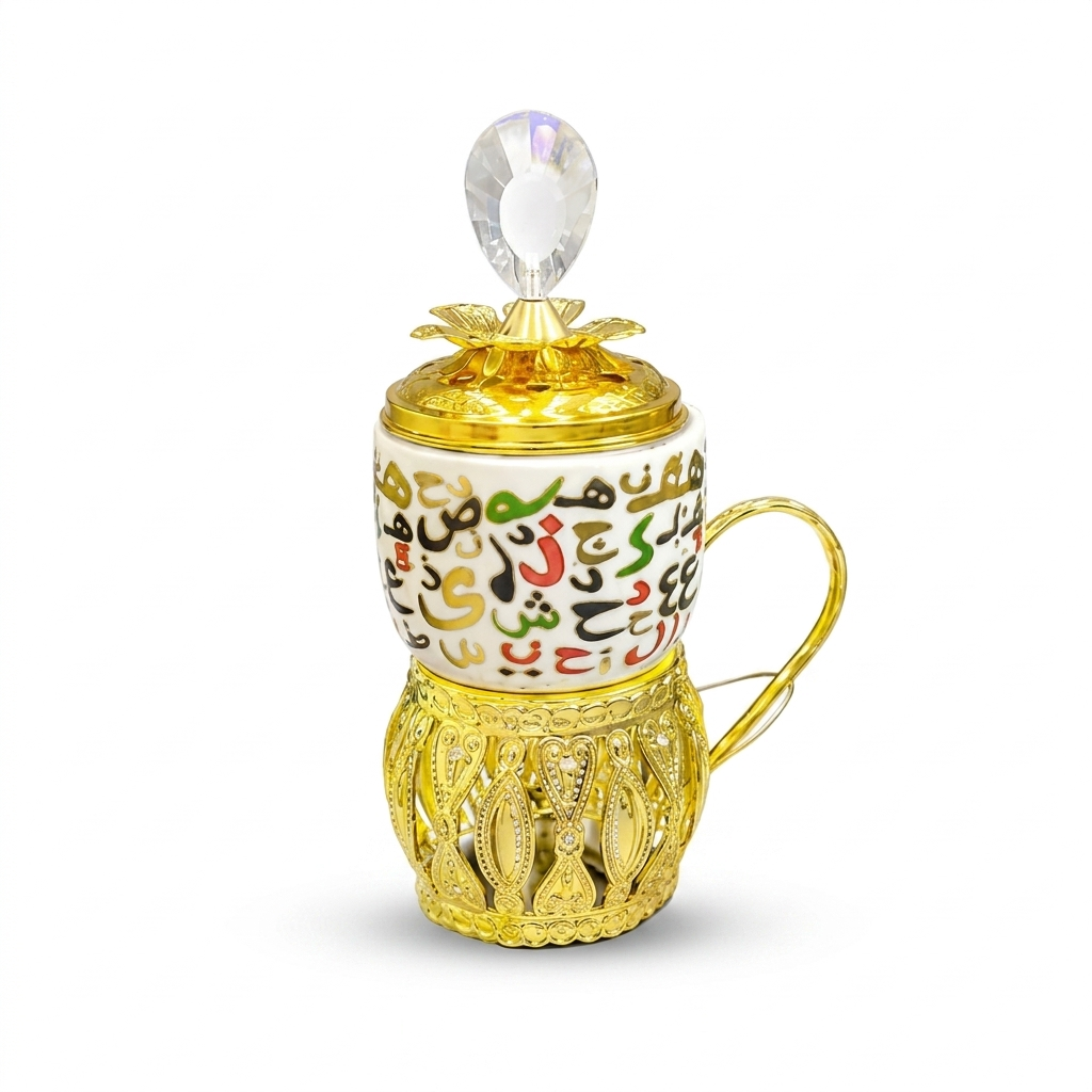 Ornate golden cup with floral accent