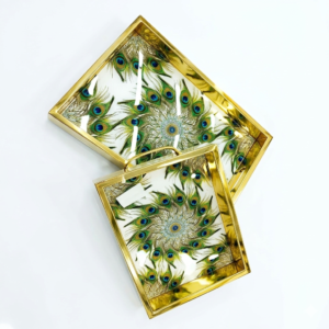 Peacock Feather Gold-Rimmed Decorative Tray Set