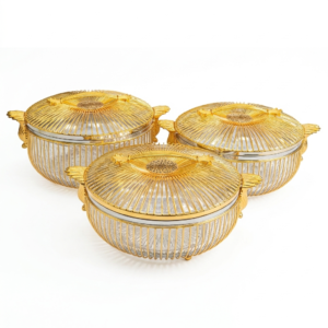 Silver & Gold Striped Lidded Bowl Set with Crystal Knobs