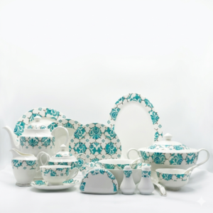 Teal Damask Print Fine China Tea & Dinner Set