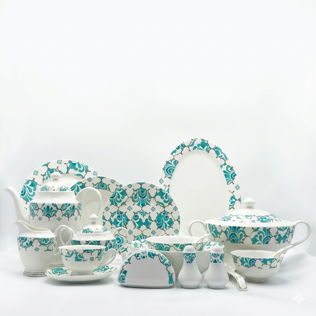 Teal Damask Print Fine China Set