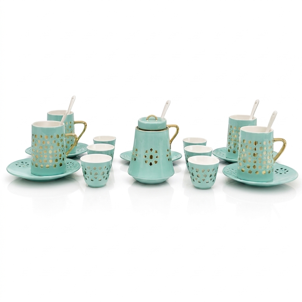 Teal Elegance Gold Dot Tea Set
