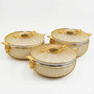 White & Gold Striped Lidded Bowl Set with Crystal Knobs